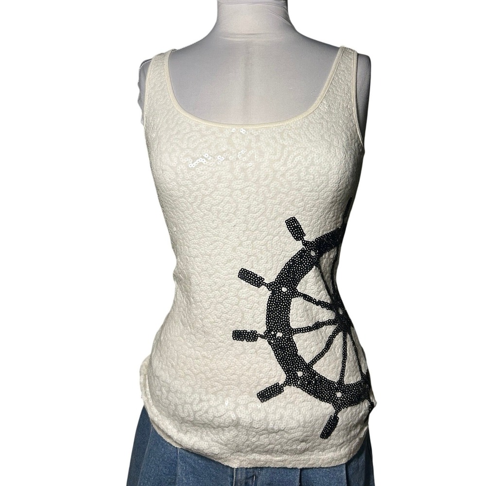 Y2K Sailor Boat Cruise Old Navy Tank Top S White Sequin Ship Wheel Retro